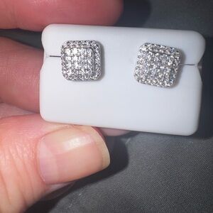 Moissanite 935 Silver Square Stud Earrings screw back never worn